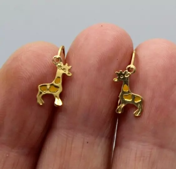 Anciennes Boucles d'Oreilles Dormeuses Or Jaune 18K 750 et émail Jaune "Girafes"