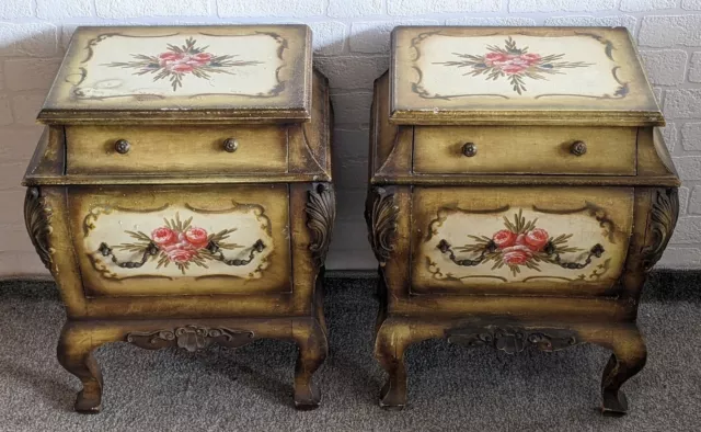 Antique Decorated Floral Pattern Pair of Cabriole Leg Bedside Cabinets - CS B78