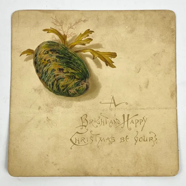1889 Victorian Christmas Card Bright & Happy Embossed Glitter Acorn Oak Leaf VTG