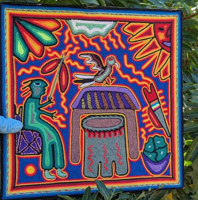 Vintage Huichol Mexican Yarn Art 12x12 Inch Signed Display Box
