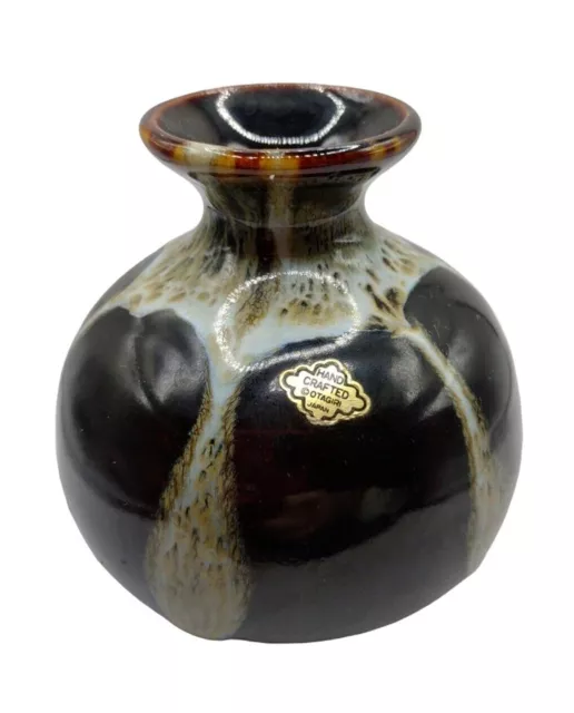 Vintage Otagiri Pottery Bud Vase Brown Drip Glaze Round Mid Century Modern Japan