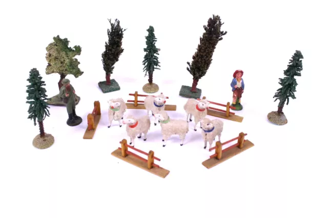 19 tlg. Krippenfiguren Jäger Hirte Wollschafe Masse Bäume Zäune Erzgebirge Antik