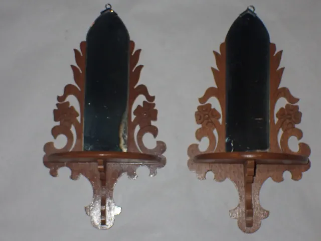 Pair Vtg Wooden Shelf with Mirror Cathedral Window Shape Scroll Products 30's