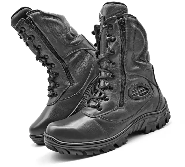 Tactical Boots Genuine Black Leather Hunting Zipper Combat Motorcycle Military