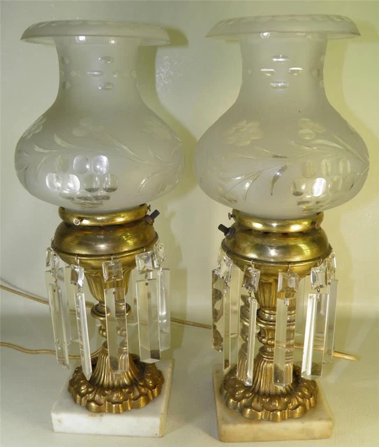 Antique Pair Astral Solar Lamps Ornate Brass Hand Cut Crystal Prisms Marble Base
