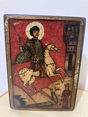 San Giorgio Icona Religiosa su Tavoletta di Legno Dipinto ad Olio '800 Religione 