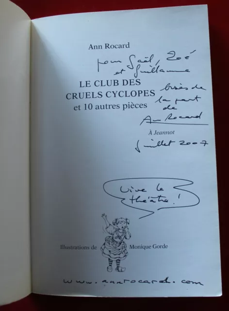 1995, Envoi auteure Ann Rocard "Le Club des Cruels Cyclopes & 10 autres pièces"