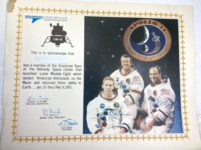 Vintage Nasa Apollo 14 Lunar Module 8 Official Grumman Engineer Award Cert. RARE