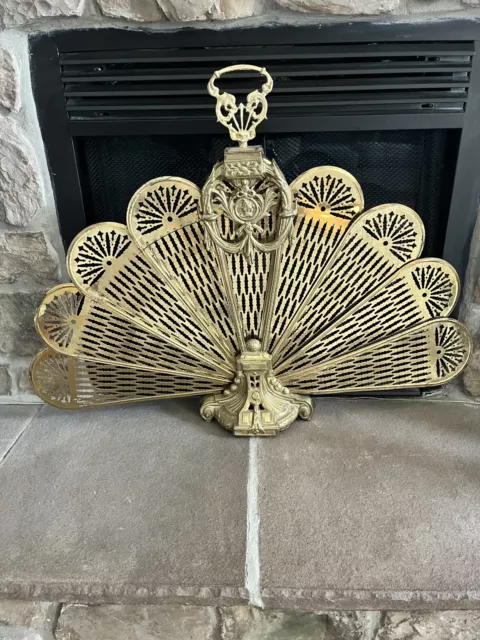 Vintage Brass Peacock Folding Fire Guard Screen- Fireplace- Fan Out