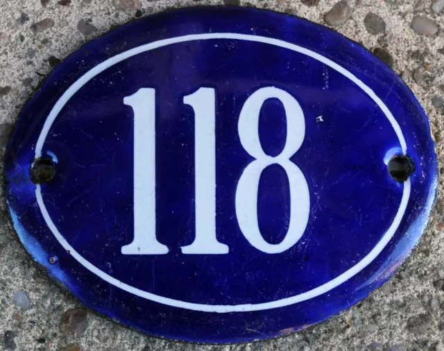 Old blue oval French house number 118 door gate plaque plate enamel steel sign