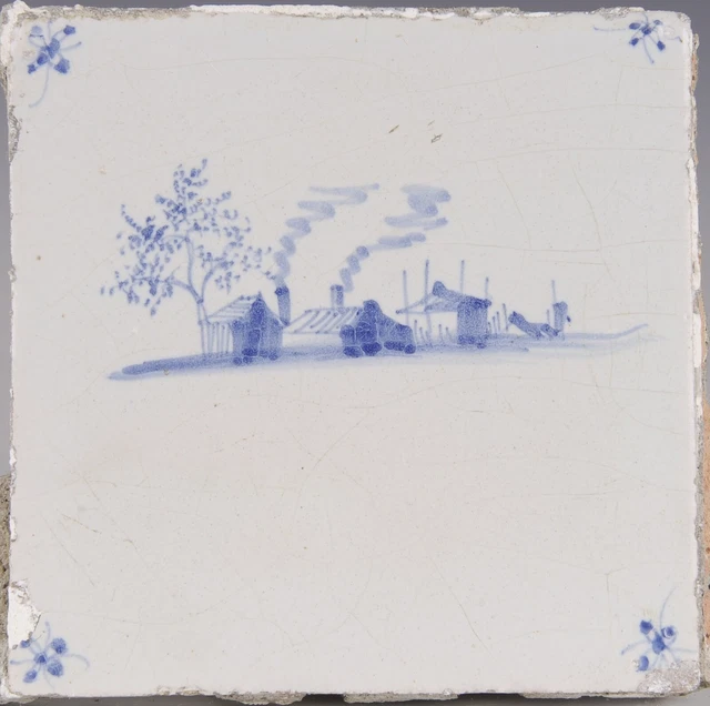 Nice Dutch Delft Blue tile, farms, late 17th century.