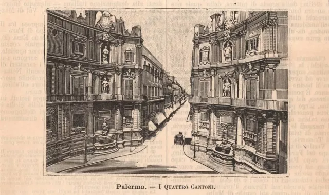 PALERMO veduta dei QUATTRO CANTONI Sicilia STAMPA ANTICA del 1891 Antique print