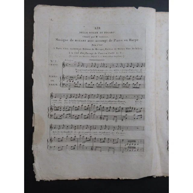MOZART W. A. Air dellle Nozze di Figaro Chant Piano ou Harpe ca1800 3