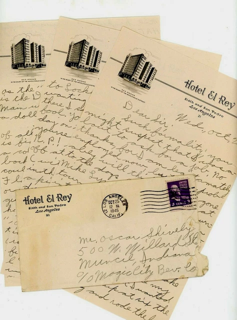1945 HOTEL EL Rey Los Angeles Letter Head California Ca Vtg 6th & San