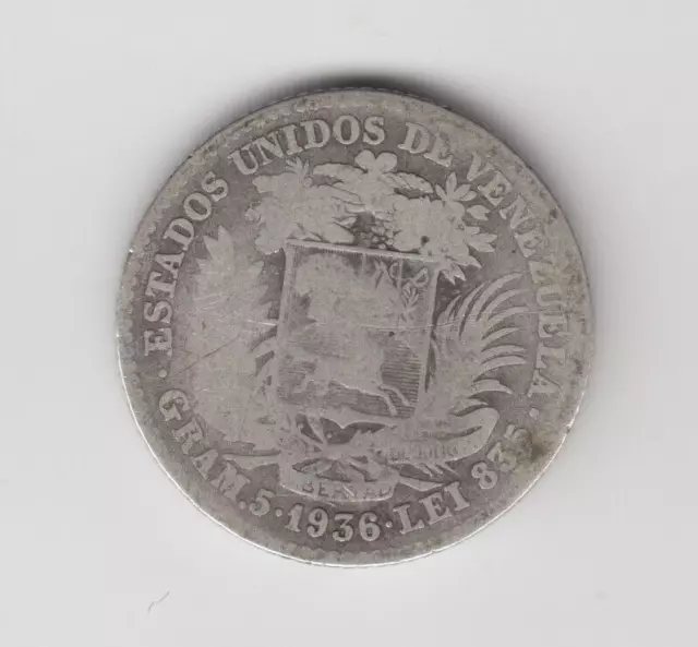 1936 Venezuela 2 Bolivares .835 Silver Coin Simon Bolivar Liberator