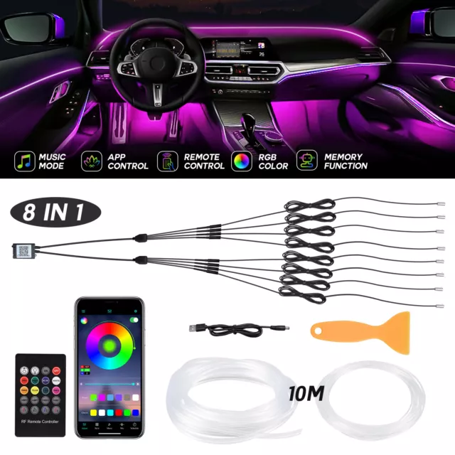 10m RGB 8 in 1 Interior Car LED Strip Lights Car Ambient Decor Neon Lights  Kit 