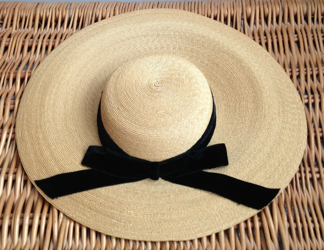 Chapeau à Voilette En Paille Noir Avec Ruban Satin Et Fleurs - Taille M, Occasion à Remettre En Forme