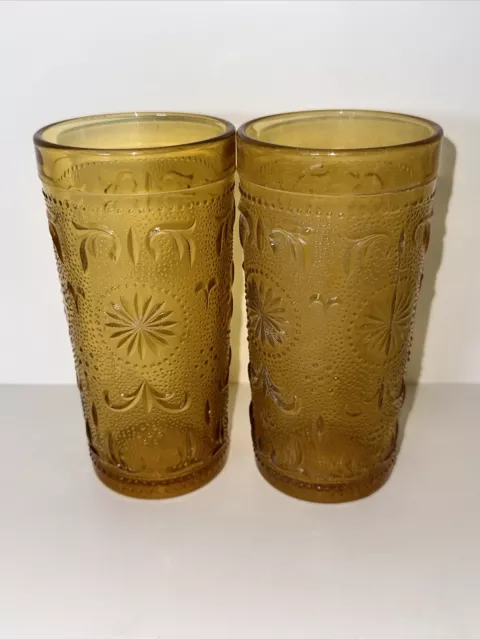 Set of 2 Vintage Glass American Concord Amber Flat Tumblers 8 oz.
