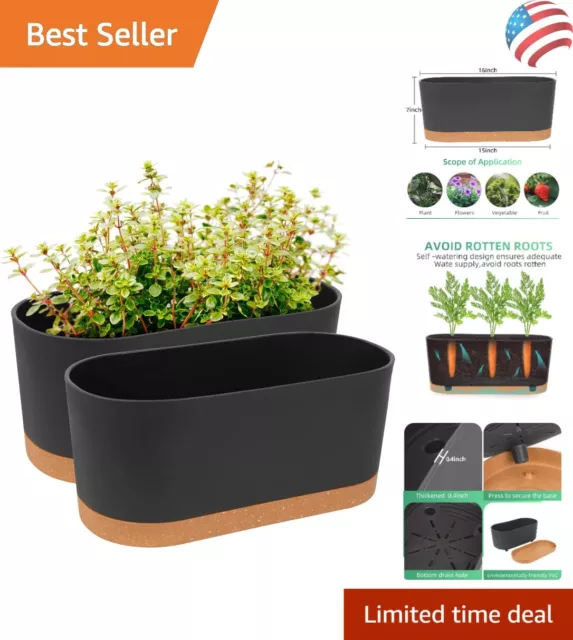 2 Pack Modern Self-Watering Window Boxes Planters - Durable 16”x 7" - Dark Grey