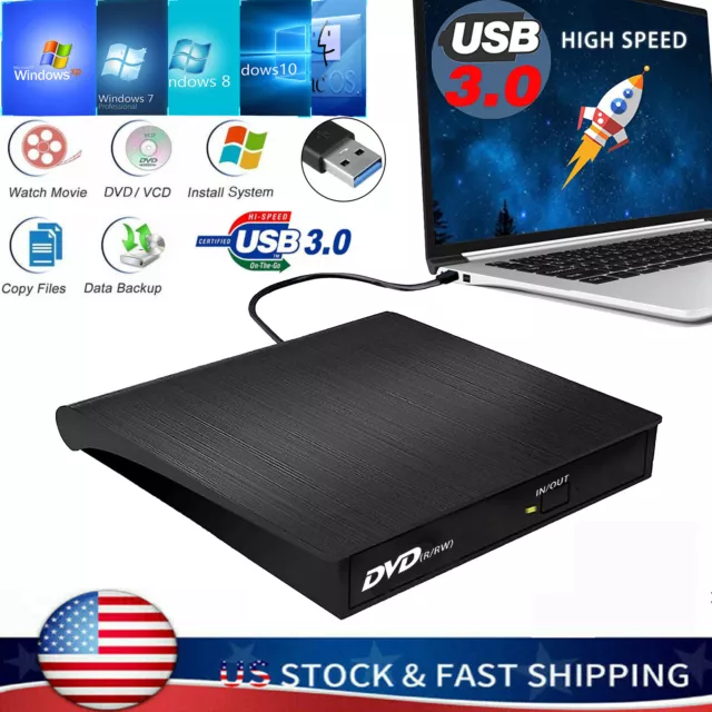 USB3.0 Slim CD/DVD Drive RW Disc Player Burner Reader For Laptop PC Mac Win78 10