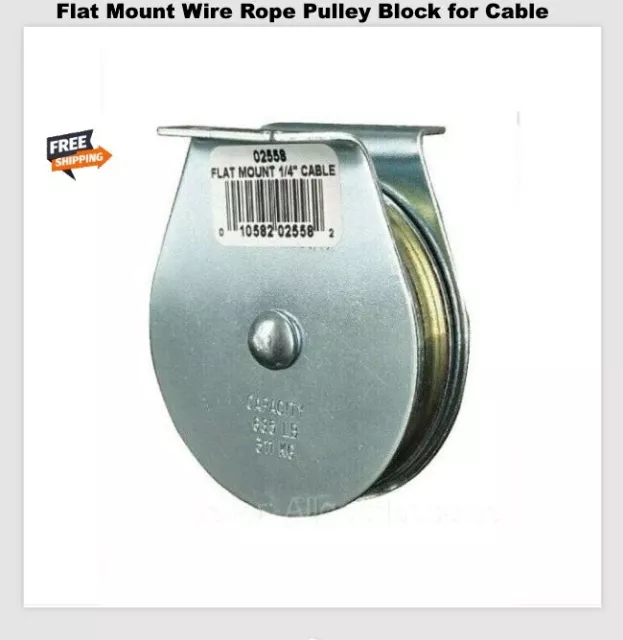 Flat Mount Pulley Block for Wire Rope Cable  685 Lb Load Cap. Zinc Plated Steel