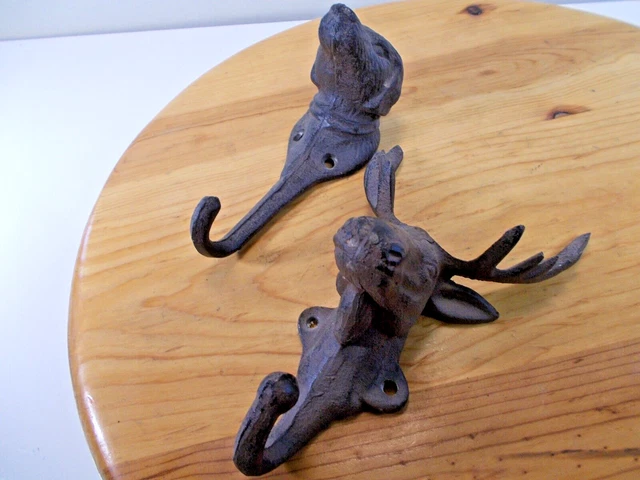Vintage Cast Iron Wall Hooks Brown Moose And Hunting Dog Heads Coat Hat Keys (2)
