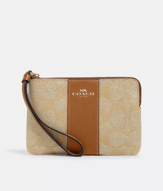 COACH CORNER ZIP Wristlet In Signature Canvas Gold LT Khaki Lt