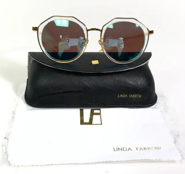 Linda Farrow Luxe Sunglasses LFL/369/3 Clear Gold Round Frames with Blue Lenses