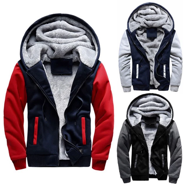 Jacket Coat Fur Lined Fleece Zip Up Mens Hooded Warm Outwear Thick Winter Tops &