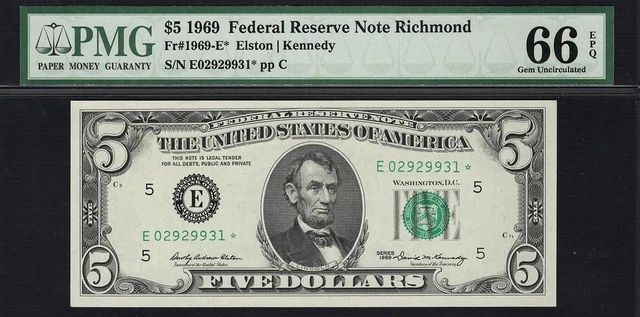 1969* $5 Richmond Federal Reserve STAR Note FRN PMG 66 EPQ • 1969-E* POP 6/2
