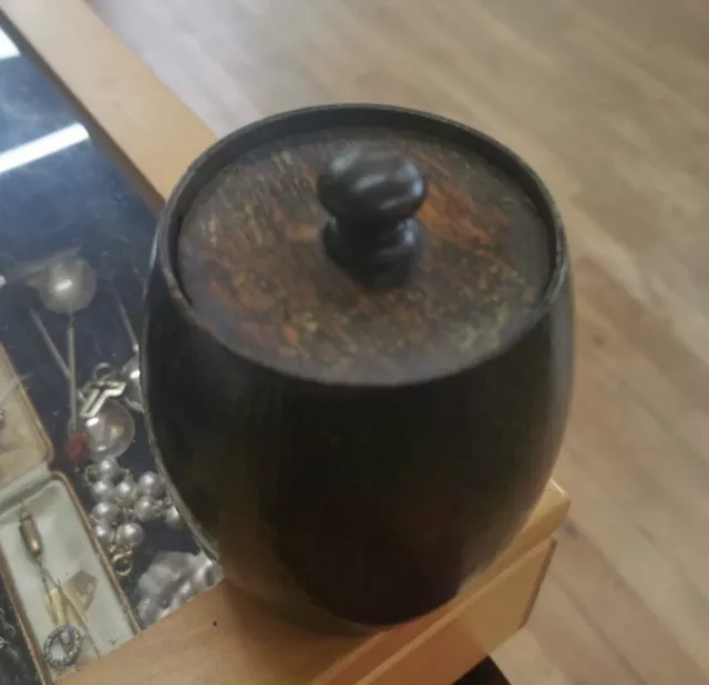 Antique Dark Wood Barrel Shaped Tobacco Jar, Lead Lined, Handmade 11 X 9Cms 2
