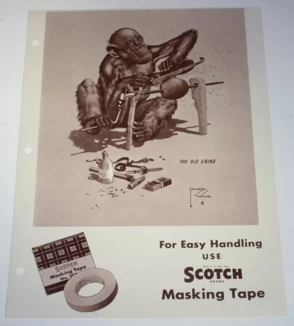 VTG 1940s LAWSON WOOD 3M SCOTCH TAPE LITHOGRAPH PRINT AD MONKEY OLD GRIND