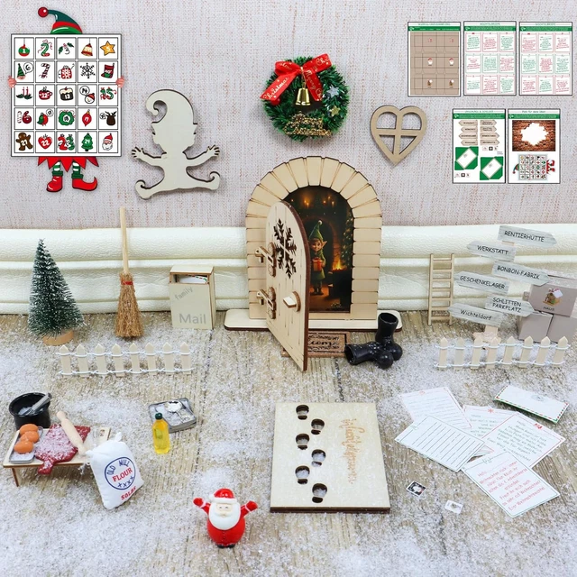 Wichteltür Set Für Weihnachten – Komplett Mit 22 Teilen, Aus Holz, Für Magische Weihnachtsdekoration