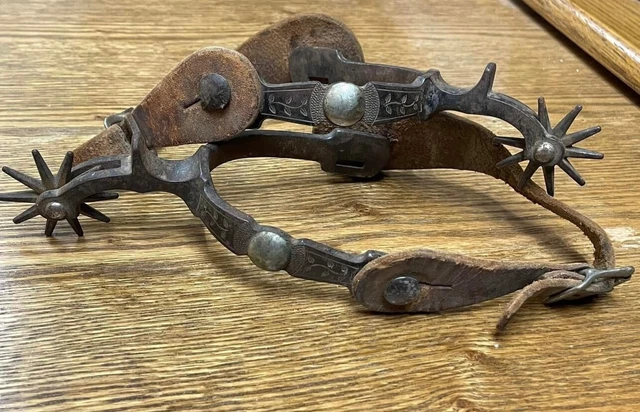 Antique Spurs & Straps Early Unmarked August Buermann Silver Dot old west cowboy