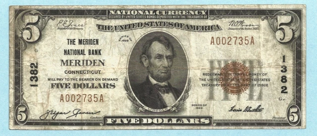 $5 National Currency 1929 - Type 1 - Ch#1382 - Meriden NB, Meriden, CT - VF