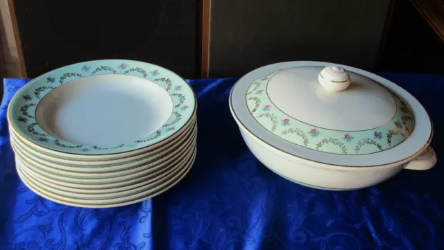 Lot de 10 assiettes creuses+soupière porcelaine LUNEVILLE K.G, modèle "ANTIBES"