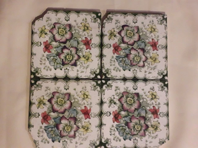 Antique Reclaimed Tint & Print set of 4 Tiles Victorian Flowers very Pretty 3