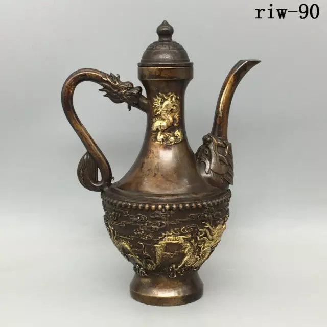 7.2" Chinese  the Qing dynasty  Copper gilding  Dragon pattern  Tall teapot