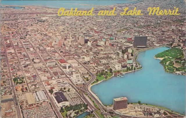 Oakland Lake Merrit California c1960s Birds eye view aerial postcard C491