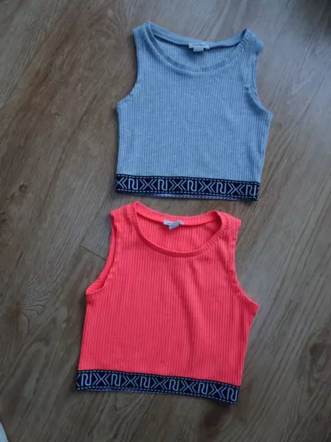 RIVER ISLAND girls 2 pack grey pink ribbed crop top AGE 9 - 10 YEARS excellent