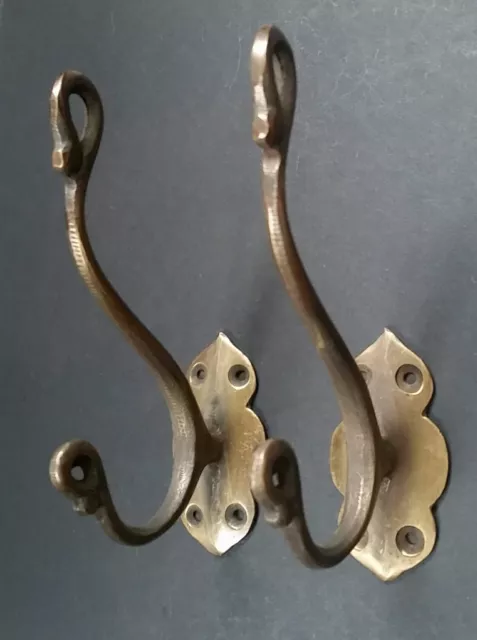 2 x Lg Solid Brass Vintage Antique Style Ornate Double Coat Hat Hooks 6" #C11