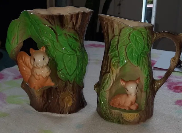 Vintage Kitsch vase X2, Eastgate pottery,  woodland animals, deer,squirrel