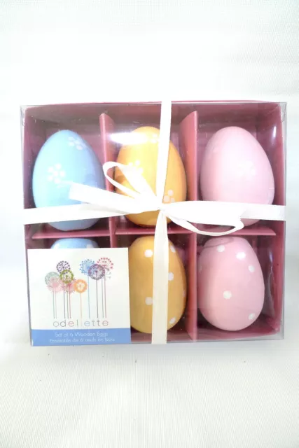 6 Boxed Odellette Painted Pastel WOODEN EASTER EGGS New Holiday Home Decor