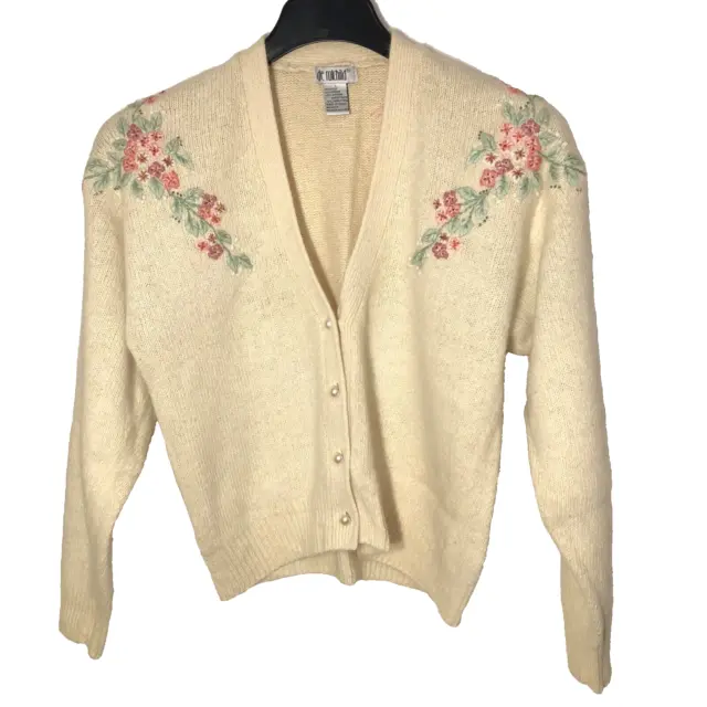 Cárdigan suéter de lana de cordero de seda de angora talla L bordado floral