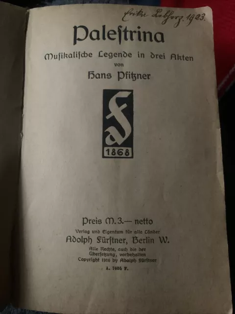 „Palestrina“ Hans Pfitzner Text schöne alte Ausgabe 1916