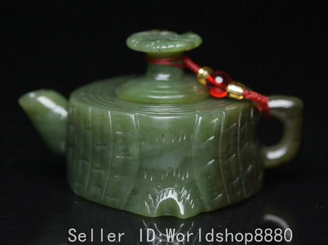 2.7" Ancient Chinese Hetian Jade Carved Fengshui Lotus Leaf Lid Teapot Pot