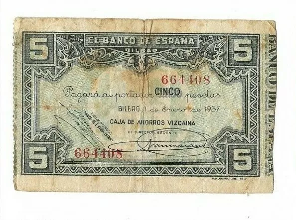 España: 5 Pesetas Banco De Bilbao. Año 1937. Sin Serie. Rc+. Ideal Y Escaso.