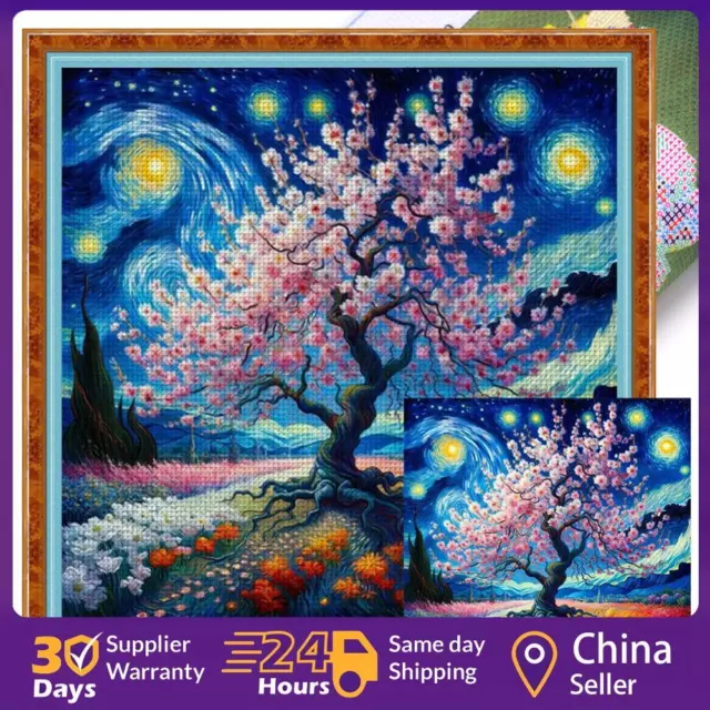 Full Embroidery Eco-cotton Thread 11CT Cherry Tree Cross Stitch Artwork 50x50cm