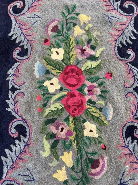 Antique Hand Hooked Rug Roses Stitched Folk Art 55” X 36” 3