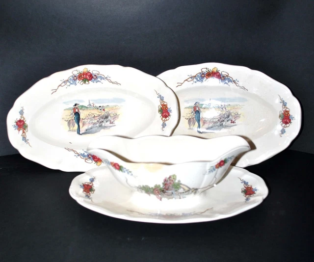 Lot 2 raviers + 1 saucière OBERNAI en faïence de Sarreguemines Décor Loux Alsace